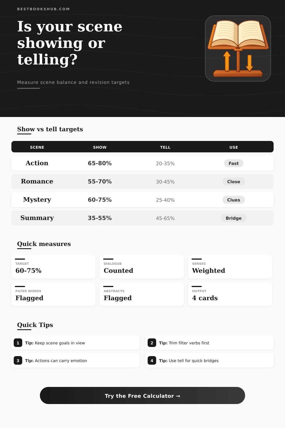 Show vs Tell Ratio Calculator for Writers